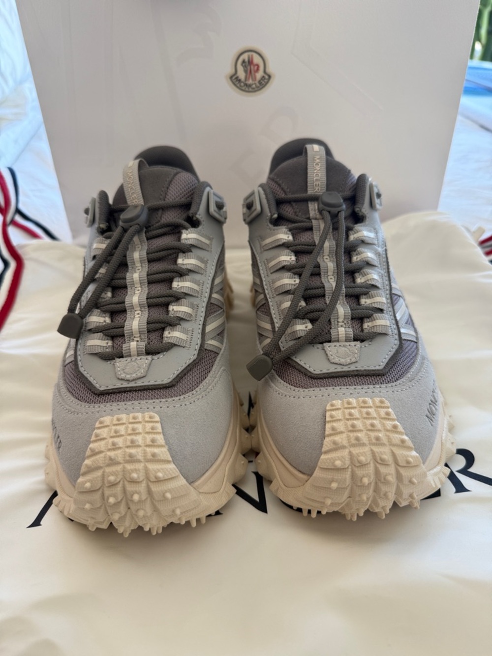 Moncler Gray & Cream Trail Runner Sneakers with Subtle Purple Accents - Picture 2 of 7